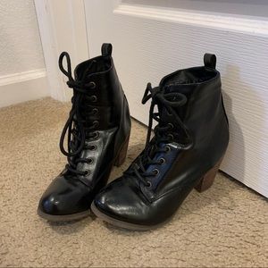 Black Lace Up Faux Leather Heeled Booties